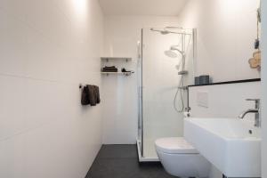 a white bathroom with a shower and a toilet at Iselmarpleats Comfortabele Studio met badkamer in Gaast