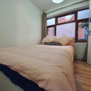 a bedroom with a large bed with pillows and a window at All saints Rooms in London