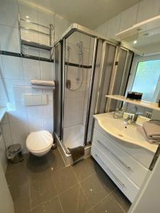 a bathroom with a shower and a toilet and a sink at Gästehaus und Ferienwohnung Bächle in Bad Peterstal +51 photos