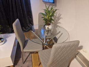 a glass table with two chairs and a plant on it at Opera Home in Peterborough