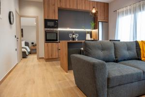 ein Wohnzimmer mit einem Sofa und einer Küche in der Unterkunft Lovely Guesthouse - 58m2 mountain view in Ioannina