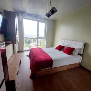 Un dormitorio con una cama con almohadas rojas y una ventana en Новобуд Зелена 265 Сихівська Зубрівська en Leópolis