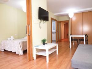 Habitación con cama, mesa y TV. en SAN PEDRO 64 AP, en Lugo