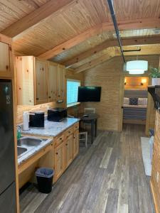 a kitchen with a sink and a tv in a cabin at Juneberry Ridge in Norwood