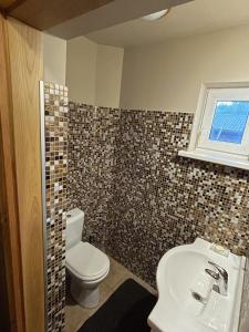 La salle de bains est pourvue de toilettes et d'un lavabo. dans l'établissement Holiday home Imanta, à Riga