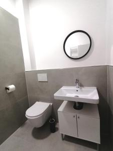 a bathroom with a sink and a toilet and a mirror at estrella24 LIVING ROOMS Sydney in Herne