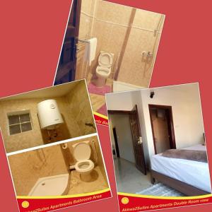 two pictures of a bathroom with a toilet and a bedroom at Akkwa 2 Suites in Kololi