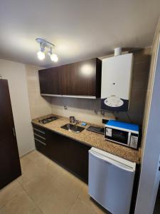 a small kitchen with a sink and a microwave at Loft Urbano Ushuaia in Ushuaia