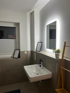 W łazience znajduje się umywalka i lustro. w obiekcie BnB Open Apartments Pader-Chill w mieście Paderborn