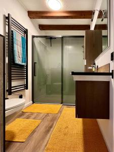 uma casa de banho com uma cabina de duche em vidro e um WC. em Blockhaus Ourtal em Winterspelt
