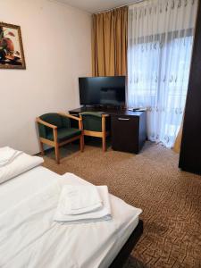 a hotel room with a bed and a desk at Pensiunea Emma in Sâmbăta de Sus