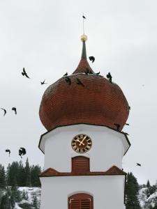 Una torre de reloj con pájaros encima. en Das Johann en Stuben am Arlberg