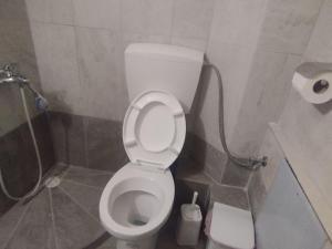łazienka z białą toaletą w kabinie w obiekcie Στούντιο Στη Στοά Βαρβουτσή Νούμερο#7 w Kalamácie