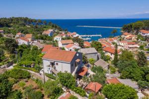 an aerial view of a small town with houses and the ocean at Apartments in Veli Losinj 26474 in Veli Lošinj
