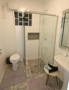 a bathroom with a shower and a toilet and a sink at Casa no Centro de Concórdia - SC in Concordia