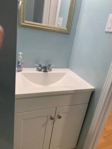 a bathroom with a white sink and a mirror at Finished 2 BR Apartment in an Upscale Area of Ajax in Ajax