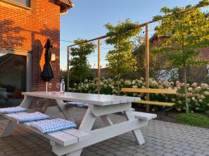 een picknicktafel en banken op een patio bij Huize Clementina in Peer