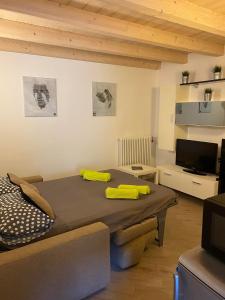 uma sala de estar com uma mesa e um sofá em Casa Vacanze La Romantica em Chiavenna