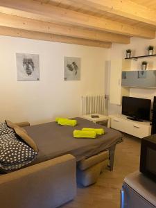 ein Wohnzimmer mit einem Tisch und einem Sofa in der Unterkunft Casa Vacanze La Romantica in Chiavenna
