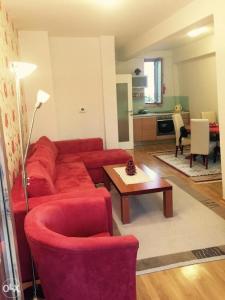 uma sala de estar com um sofá vermelho e uma mesa em Apartman Babin Do Bjelasnica em Sarajevo