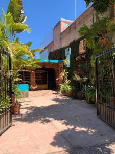 a courtyard of a building with a gate and plants at Casa Jardin in Lo de Marcos