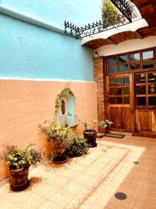 a house with potted plants in front of a door at Casa Jardin in Lo de Marcos