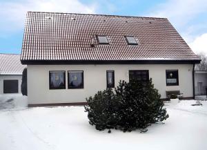 a house with a christmas tree in the snow at Apartment Altenkirchen 2 im Dachgeschoss in Altenkirchen