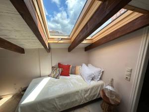 a bedroom with a bed in a room with a skylight at Parnassos Chalets in Arachova