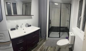uma casa de banho com um chuveiro, um lavatório e um WC. em Maison en Colombage em Tilly