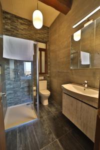 a bathroom with a shower and a sink and a toilet at 49 Sunrise Lodge in Għajnsielem