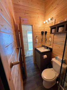 a bathroom with a toilet and a sink in a cabin at 091 Star Gazing Tiny Home near Grand Canyon South Rim Sleeps 8 in Valle