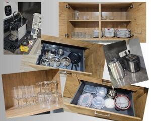 een collage van foto's van een keuken met borden en glazen bij Rez de chaussée appartement à Tournus - Yellow in Tournus