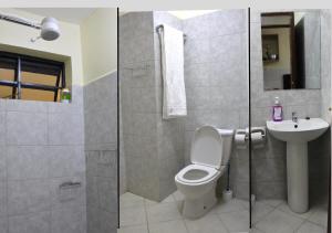 SIMBA'S NOOK - A modern Budget Studio Apartment in Syokimau, Nairobi with Fast WiFi & Netflix - Near the JKIA Airport, SGR Station & Gateway Mall في Syokimau: حمام مع مرحاض ومغسلة +13 صورة