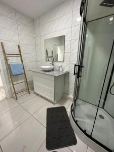 La salle de bains est pourvue d'une douche, d'un lavabo et d'un miroir. dans l'établissement Celestial 17 Villa, à Grand Gaube
