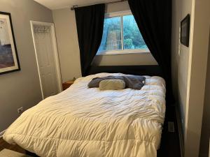 1 cama con 2 almohadas en un dormitorio con ventana en Green1, en Northbrook