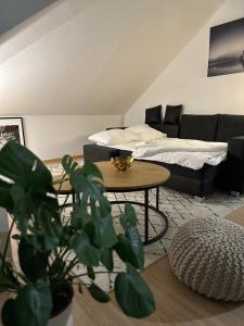 ein Wohnzimmer mit einem Bett und einem Tisch in der Unterkunft Oasis Appart - Wohnen am Elbtal - Balkon - Netflix - Tiefgarage in Dresden