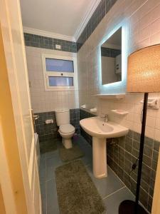 La salle de bains est pourvue d'un lavabo, de toilettes et d'un miroir. dans l'établissement Madinaty, à Madinaty