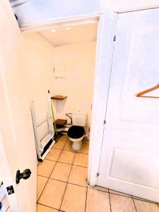 La salle de bains est pourvue de toilettes et d'une porte. dans l'établissement RAIATEA - Studio TUMARAA, à Uturoa