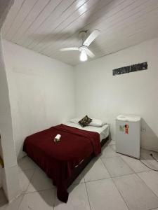 ブジオスにあるCentro Apartamento Búziosの天井ファン付きの客室のベッド1台分です。