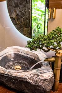 a bathroom with a stone sink with a tree in it at Chien's Lodge Du Gia in Làng Cac