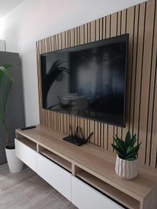 una TV a schermo piatto seduta sopra un centro di intrattenimento di La Lunita a Valverde