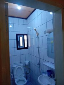 La salle de bains est pourvue de toilettes et d'un lavabo. dans l'établissement RÉSIDENCE TCHAMS, à Yaoundé