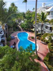 an aerial view of a resort pool with palm trees at Ducassi - Sol Caribe playa los corales in Punta Cana