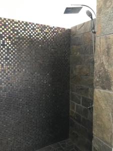 La salle de bains est pourvue d'une douche et d'un mur en briques. dans l'établissement La Suite Vue Lagon, à Uturoa