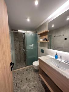 a bathroom with a shower and a sink and a toilet at Stratis Apartments in Chania Town