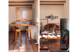 2 imágenes de una habitación con escritorio y 1 dormitorio en La Casa de Damien, en Urubamba