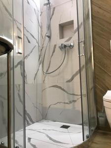 a shower with a glass door in a bathroom at Scandik Apartment Studio in Poltava