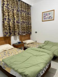 A cozy room in 2 bedrooms apartment with a back yard في شرم الشيخ: غرفة نوم بسريرين ونافذة بها ستائر