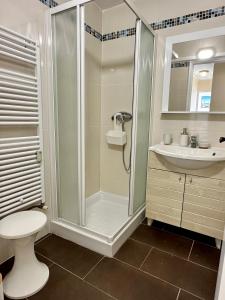 a bathroom with a shower and a toilet and a sink at Spacieux appartement face mer in Menton