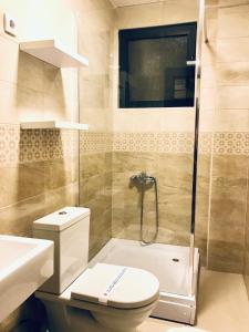 a bathroom with a toilet and a shower and a sink at Apartmani SOVA in Novi Pazar